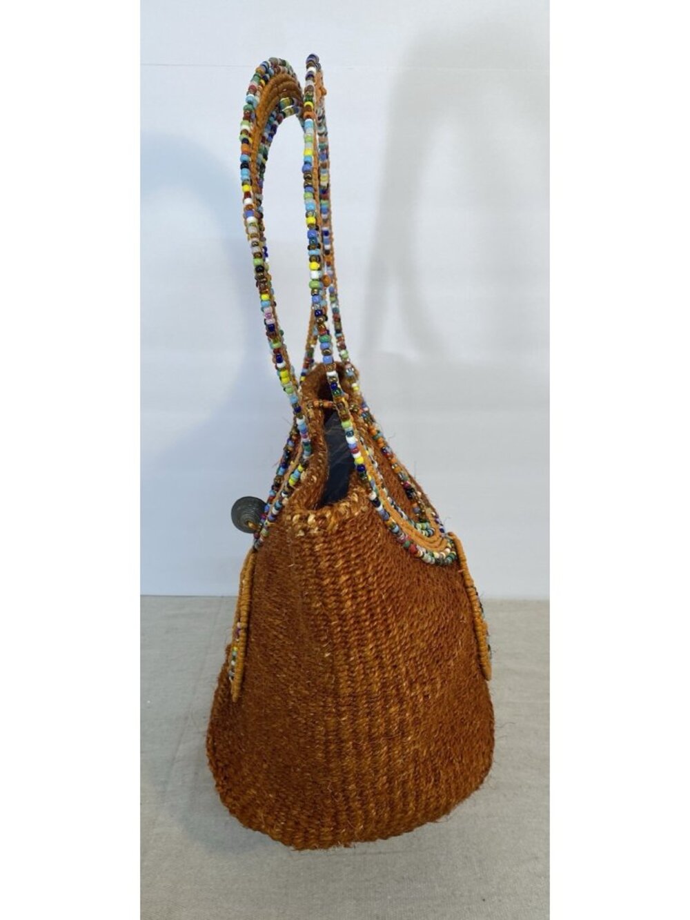 Handmade Brown Multi Color Beadwork Handwoven Bucket Bag Made in Kenya - Picture 8 of 11